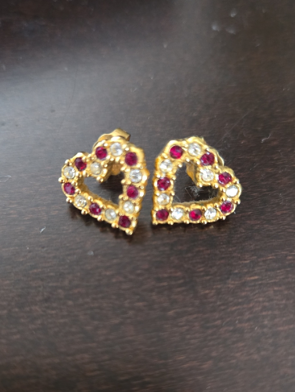 Gold Heart Stud Earrings with Red and Clear Stones